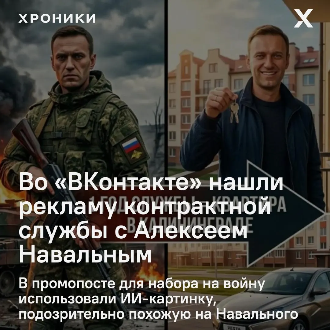 В рекламном объявлении службы по контракту в одной из соцсетей было использовано сгенерированное изображение, которое сильно напоминало Алексея Навального; организаторы позже признали, что картинка создана ИИ.