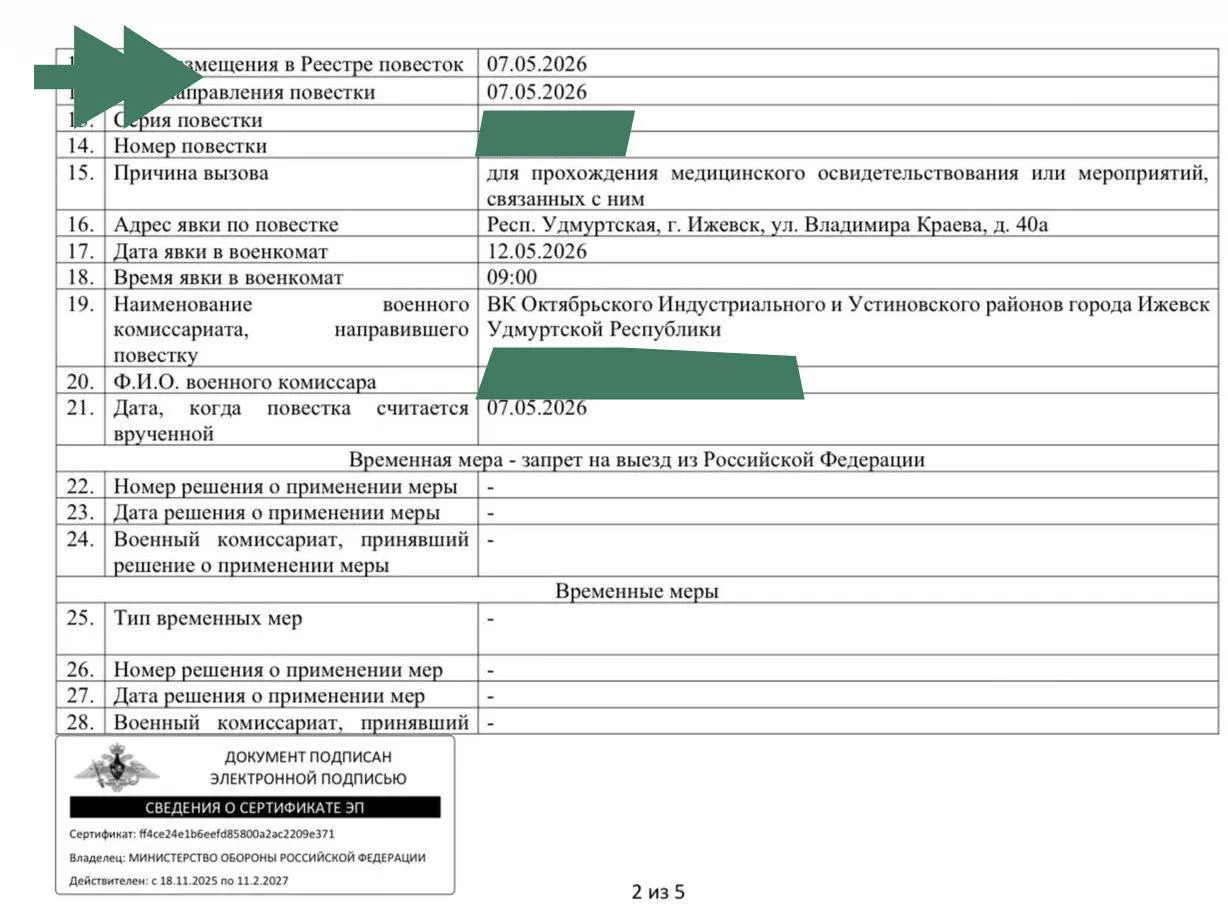 Молодому человеку пришла электронная повестка на медосвидетельствование; консультанты объяснили, что пометка о «запрете на выезд» в выписке при прочерках в полях решения и даты не означает фактического ограничения выезда.