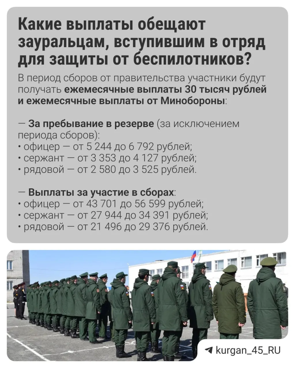 В Курганской области формируют отряд «БАРС» для защиты от беспилотников. Вступить можно с любой категорией годности, участники сохранят рабочее место и получат статус военнослужащего. Выплаты предусмотрены во время сборов.